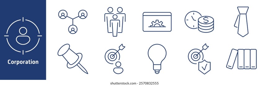 Corporation set icon. Team management, meeting table, pencil, ruler, printer, desktop, clock, employee rating, target finance, location, checklist, pen