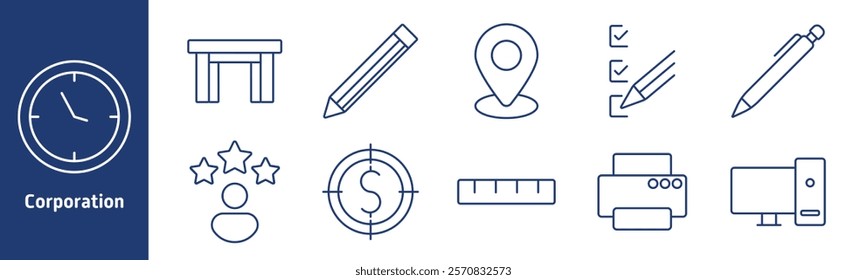 Corporation set icon. Team management, meeting table, pencil, ruler, printer, desktop, clock, employee rating, target finance, location, checklist, pen