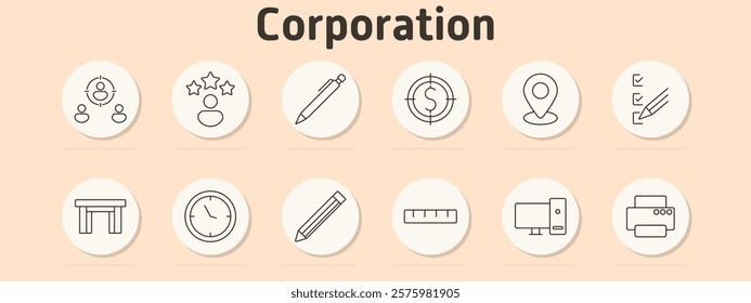 Corporation set icon. Team, star rating, pen, dollar target, location, checklist, desk, clock, pencil, ruler, computer, printer