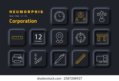 Corporation set icon. Teamwork, management, leadership, productivity, meeting, office supplies, finance, planning, networking, professional growth