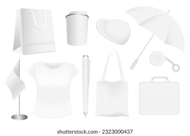 Corporation style objects mega set in graphic flat design. Bundle elements of white mockup of bag, cup, cap, umbrella, keychain, flag, t-shirt, pen and other. Vector illustration isolated stickers