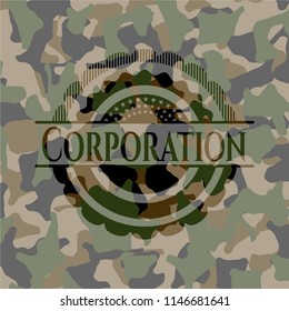 Corporation written on a camo texture