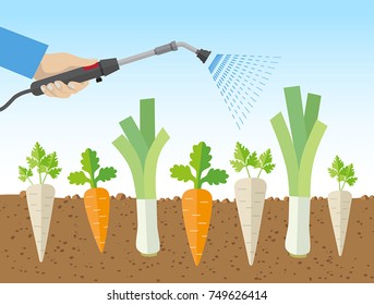 Corporations spraying vegetables with chemical substances - controversial topic, health risk, insect extinction svg