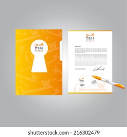 Corporative style concept. Realestate business logo and company brandbook design. Vector set of office objects. File, document, pen, letter blank and business card. Vintage key sign, retro keyhole.