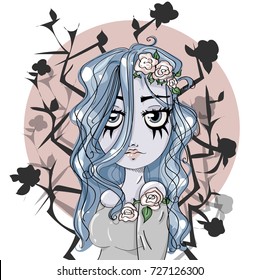 Corpse bride cartoon cute girl character, Halloween style blue hair zombie woman portrait with dead roses background, vector illustration art