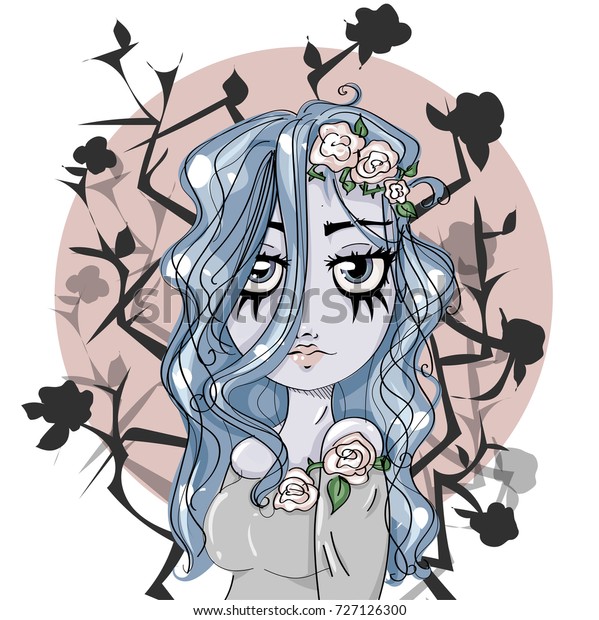 死んだバラの背景に花嫁のかわいい女の子のキャラクター ハロウィーンスタイルの青い髪のゾンビ女性のポートレート ベクターイラストアート のベクター画像素材 ロイヤリティフリー
