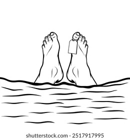 A corpse covered with a blanket can be seen on the backs of its legs in black and white vector line art