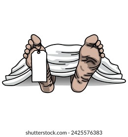 Corpse Dead Man in the Morgue. Dead Human Legs with Tag. Human Body Covered with White Sheet. Vector illustration 