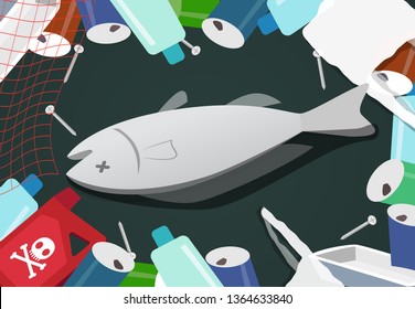 Corpse fish in pile of junk, sea pollution