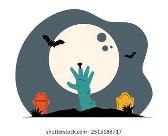 Mão de cadáver surgindo assustadoramente do cemitério à noite, ilustração vetorial assustadora.