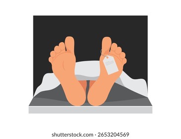 Corpse in the morgue. Dead man in the morgue. Legs of a dead man with a white tag. The human body is covered with a white sheet. Vector illustration. stock illustration