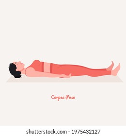  Corpse Pose Yoga pose. Young woman practicing yoga  exercise. Woman workout fitness, aerobic and exercises. Vector Illustration.