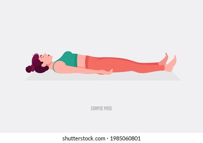 Corpse Pose Yoga pose. Young woman practicing yoga  exercise. Woman workout fitness, aerobic and exercises. Vector Illustration.