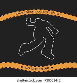 Corpse silhouette. Chalk outline. Crime scene. Do not cross police line. Yellow striped warning tape. Stock vector illustration