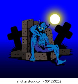 A corpse is sitting on the cemetery
