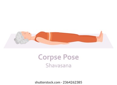 Corpse Yoga pose. Shavasana. Elderly woman practicing yoga asana. Healthy lifestyle. Flat cartoon character. Vector illustration