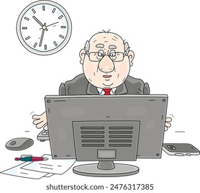 Corpulent manager sitting at his desk in front of a computer monitor and working with documents in an office, vector cartoon illustration isolated on a white background