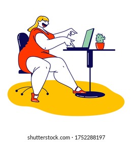 Corpulent Woman in Short Red Dress Sitting at Office Desk Working on Laptop. Cheerful Confident Plus Size Female Character Enjoying Life. Bodypositive, Femininity Concept. Linear Vector Illustration