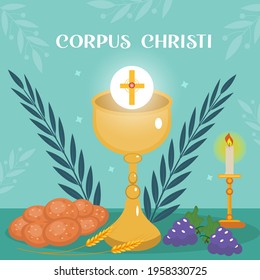 Corpus Christi Catholic religious holiday greeting card, template for your design. Feast Day, cross, bread, grapes. Vector illustration