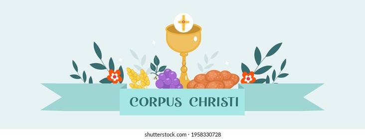Corpus Christi Catholic religious holiday greeting card, template for your design. Feast Day, cross, bread, grapes. Vector illustration