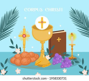 Corpus Christi Catholic religious holiday greeting card, template for your design. Feast Day, cross, bread, grapes. Vector illustration