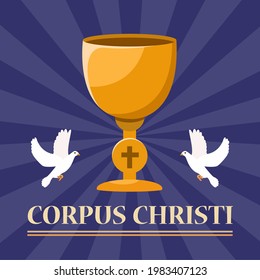 Corpus Christi Catholic religious holiday greeting card, vector illustration of template for your Corpus Christi design. Feast Day, cross, bread, grapes.