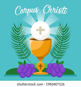 Corpus Christi Catholic religious holiday greeting card, vector illustration of template for your Corpus Christi design. Feast Day, cross, bread, grapes.