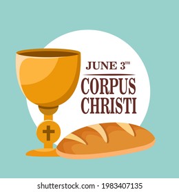 Corpus Christi Catholic religious holiday greeting card, vector illustration of template for your Corpus Christi design. Feast Day, cross, bread, grapes.