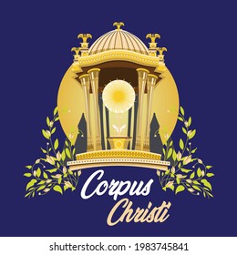 Corpus Christi Catholic religious holiday greeting card, template for your design. Feast Day, cross, bread, grapes. Vector illustration
