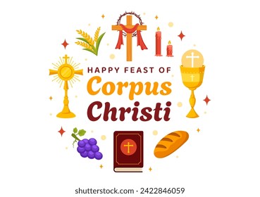 Corpus Christi Katholische Religiöse Vektorgrafik mit Fest-Tag, Kreuz, Brot und Trauben im Feiertag Feiertagsfest Flacher Cartoon-Hintergrund