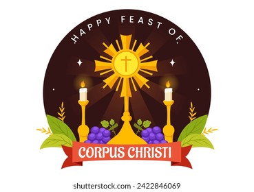 Corpus Christi Katholische Religiöse Vektorgrafik mit Fest-Tag, Kreuz, Brot und Trauben im Feiertag Feiertagsfest Flacher Cartoon-Hintergrund
