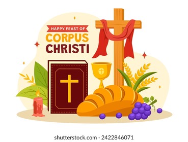 Ilustración católica de vectores religiosos de Corpus Christi con Día del Festín, cruz, pan y uvas en celebración de festividades Fondo de caricatura plana