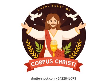 Corpus Christi Katholische Religiöse Vektorgrafik mit Fest-Tag, Kreuz, Brot und Trauben im Feiertag Feiertagsfest Flacher Cartoon-Hintergrund