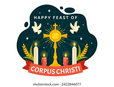 Ilustración católica de vectores religiosos de Corpus Christi con Día del Festín, cruz, pan y uvas en celebración de festividades Fondo de caricatura plana