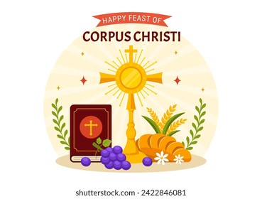 Corpus Christi Catholic Religious Vector Illustration with Feast Day, Cross, Bread and Grapes in Holiday Celebration Flat Cartoon Background