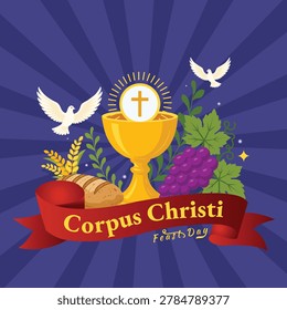 Corpus Christi Catholic religious vector illustration with Feast crossbreed, grapes, wheat and divine dove for poster invitation card flyer prints.