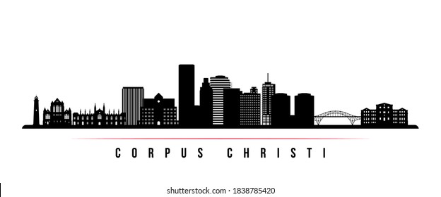 Banner horizontal en el horizonte de Corpus Christi. Silueta blanca y negra de Corpus Christi City, Texas. Plantilla de vectores para su diseño. 