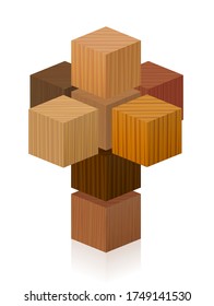 Corpus Hypercubus, Tesseract or Octachoron folded in 4th dimension to get a 4D Hypercube, a special mathematical and geometrical issue. Eight wooden textured cubes, vector on white.
