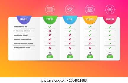 Correct answer, Calendar and Analytics graph icons simple set. Comparison table. Multichannel sign. Approved, Calculator device, Growth report. Multitasking. Technology set. Pricing plan. Vector