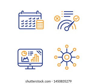 Correct answer, Calendar and Analytics graph icons simple set. Multichannel sign. Approved, Calculator device, Growth report. Multitasking. Technology set. Linear correct answer icon. Vector