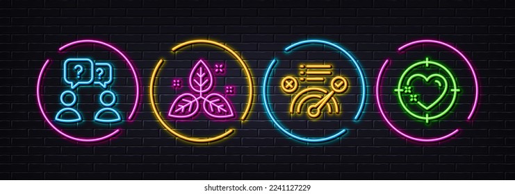 Correct answer, Fair trade and Teamwork questions minimal line icons. Neon laser 3d lights. Heart target icons. For web, application, printing. Approved, Leaf, Team help. Love aim. Vector