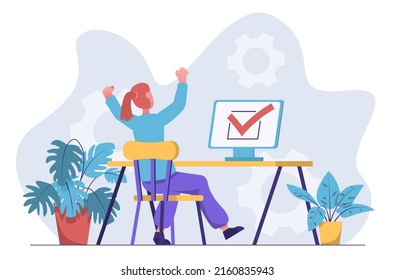 Correct answer. The girl on the computer gives the correct answer with a check mark