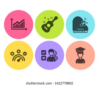 Correct answer, Guitar and Opinion icons simple set. Graph, Piano and Student signs. Speed symbol, Acoustic instrument. Education set. Flat correct answer icon. Circle button. Vector