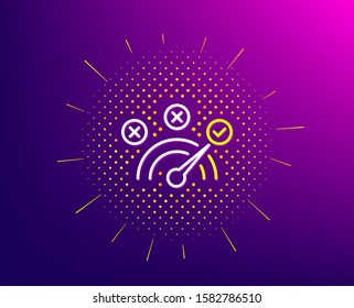 Correct Answer Line Icon. Halftone Pattern. Speedometer Concept Sign. Check Symbol. Gradient Background. Correct Answer Line Icon. Yellow Halftone Pattern. Vector