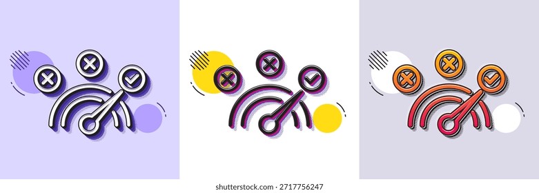 Icono de línea de respuesta correcta. Patrón punteado de semitono. Icono de degradado con sombra de grano. Señal de concepto de velocímetro. Comprueba el símbolo. Icono de respuesta correcta de línea. Varios diseños. Vector