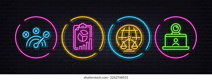 Correct answer, Magistrates court and Report minimal line icons. Neon laser 3d lights. Video conference icons. For web, application, printing. Vector