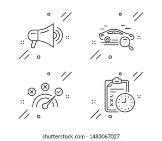 Correct answer, Search car and Megaphone line icons set. Exam time sign. Speed symbol, Find transport, Advertisement. Checklist. Technology set. Line correct answer outline icon. Vector