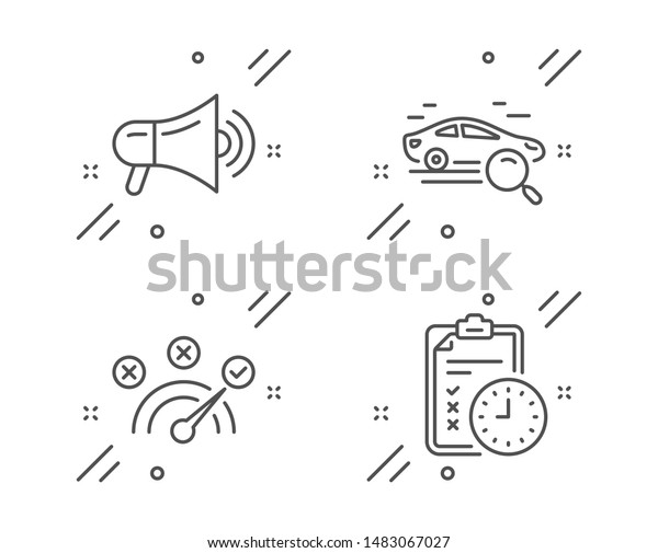 Correct\
answer, Search car and Megaphone line icons set. Exam time sign.\
Speed symbol, Find transport, Advertisement. Checklist. Technology\
set. Line correct answer outline icon.\
Vector