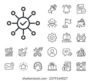 Correct answer sign. Salaryman, gender equality and alert bell outline icons. Survey check line icon. Survey check line sign. Spy or profile placeholder icon. Online support, strike. Vector