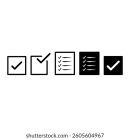 Correct, approved, tick, list, check mark icon set. Black, outlined, flat simple checkmark in a box collection vector illustration.